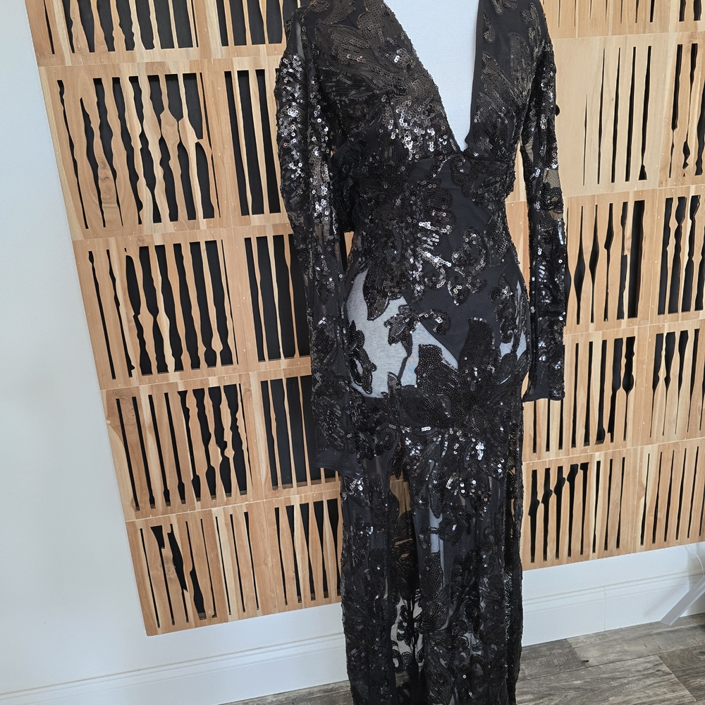 Black Sequin Gown Sheer Sleeves & Train Deep V